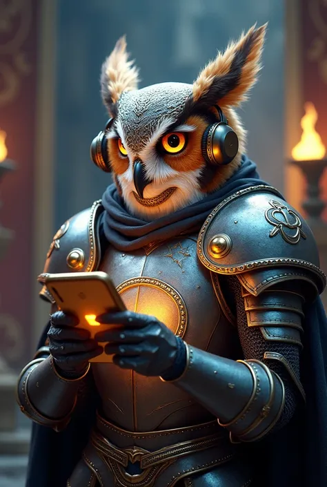 A knight owl playing mobile game using headphones