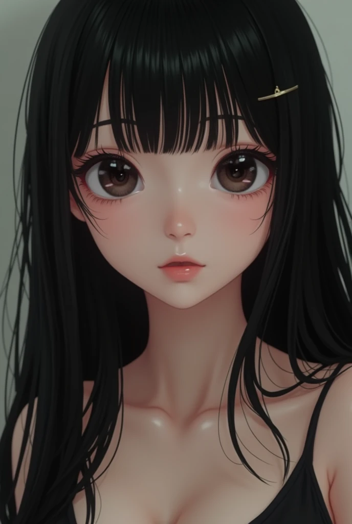 asian high school girl with long straight black hair and a fringe in the middle of the forehead, with big eyes and huge eyelashes, extremely thin body worrying, funds on the cheek, super thin eyebrows and thin nose, Lewd, (porcelain doll), horny, sexual ga...