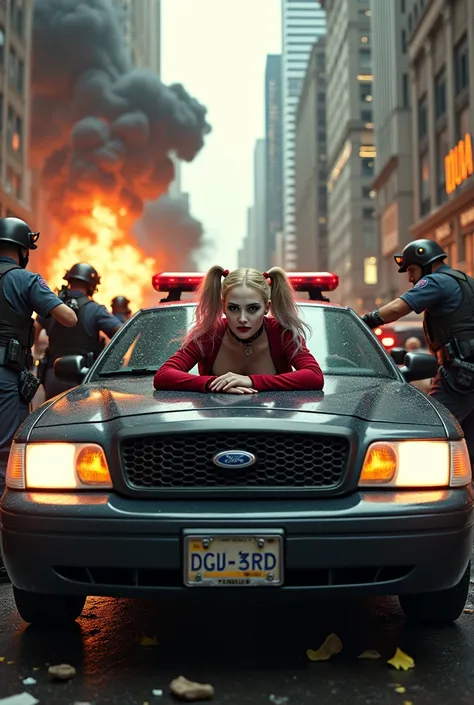 Maggot Robbie as Harley Quinn, lying on a police car , with police officers pointing guns at her , and people running away on the background, buildings exploding 