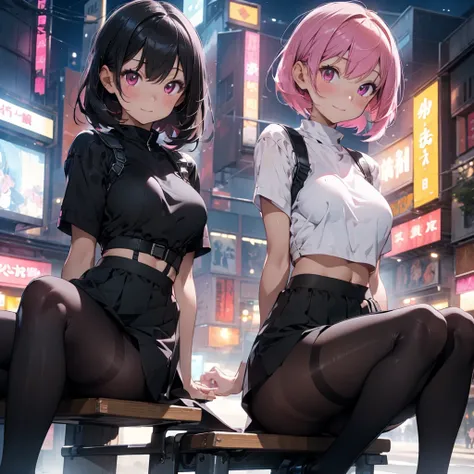 Close-up of a girl、High resolution、Perfect hands、Beautiful girl、Pink bob cut、Pink eyes、Perfect Face、Perfect Legs、Perfect Arms、Mecha Girl、Black Bikini、Shy expression、Futuristic neon light background、Beautiful night view、Big Breasts、Perfect anatomy body、Anat...