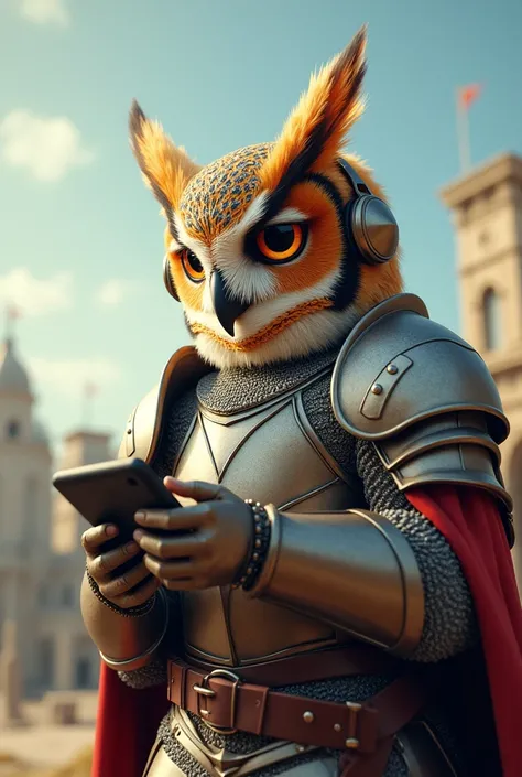 A knight owl playing mobile game using headphones with open background and light