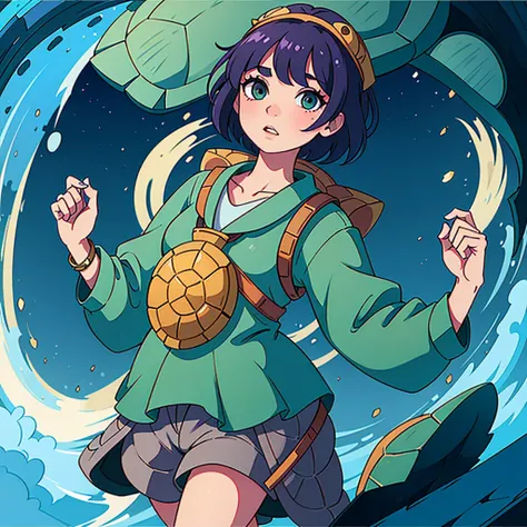 kimono，Big Turtle,Girl holding a turtle,Girl riding a turtle,Wearing a turtle shell,Girl like a boy