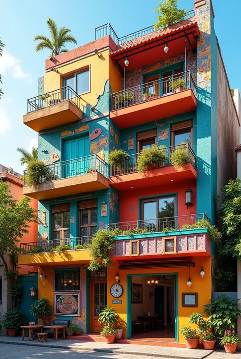 Create an artistic and vibrant hostel facade