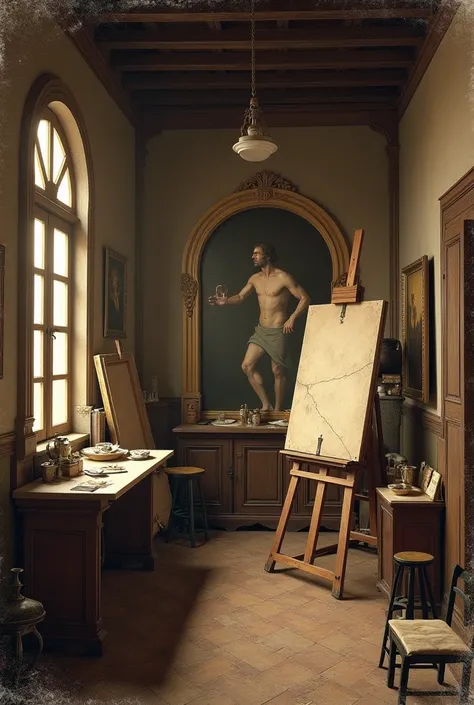 Create an image of a Renaissance painter&#39;s office from 1518 in Florence that looks like an old photograph.