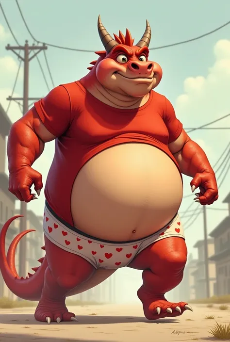 Red male dragon, anthropomorphic, Extremely obese, huge round belly, red tight short sleeves t-shirt, heart underpants, running, tired, NSFW