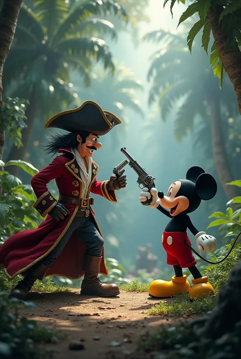 A fight between Captain Hook and Mickey Mouse with guns in Jurassic Park