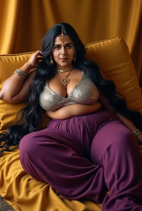 A really attractive plus size indian woman expanded her legs, wearing sindoor in head, jewelleries on neck, two long pony thicker tails, her blue eyes, attractive navel, hourglass figure shape, she wearing deep navel satin purple loos palazzo with big boun...