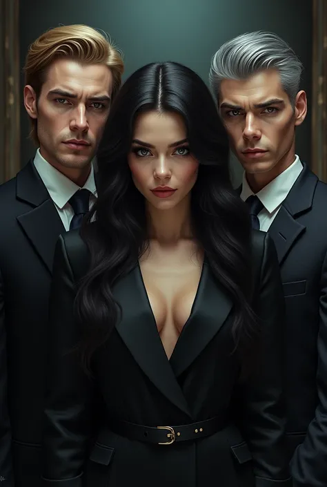 A dark haired girl with two handsome man, one is blond and other is grey haired by her sides