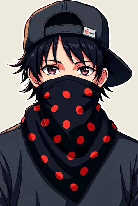 one  men, with a black bandana with red spots covering his face, he has black hair and wears a cap backwards, the image can be in cartoon