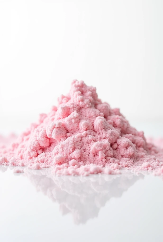 a lumpy, pasty material like wet sand, pink spilled onto a white reflective surface
Clean and white background.
The scene emphasizes the texture of the material, with no additional elements to keep the focus on the interaction of the two substances.