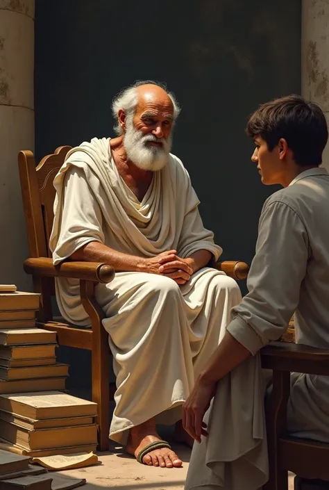 Socrates Response**
   - Prompt: "An elderly philosopher with a warm smile, dressed in a simple toga, sitting, engaged in conversation with a young man in ancient Athens, surrounded by scrolls and books."