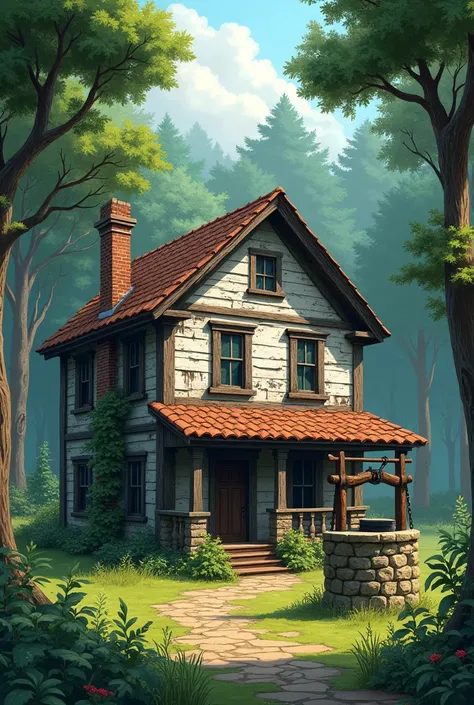 Old house two story with a well beside of it and forest behind it