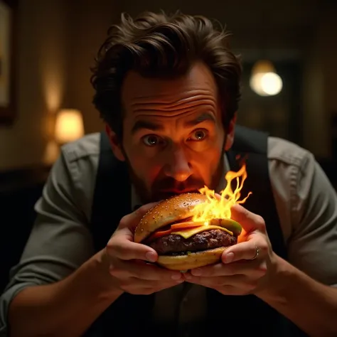 Fire burger being eaten by film actor Kevin Bacon 