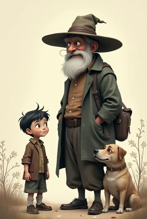 Create a boy with an old man with a hat, with a dog, a mono 