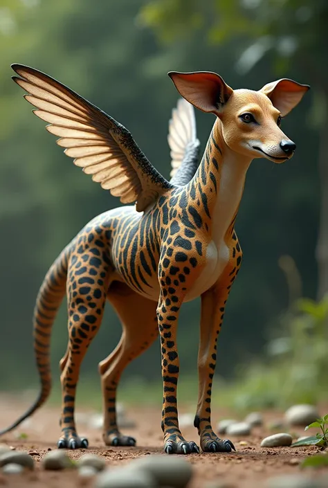 Create an animal that has a crocodile tail, hummingbird wings, zebra body, giraffe legs and dog head, that looks as realistic as possible