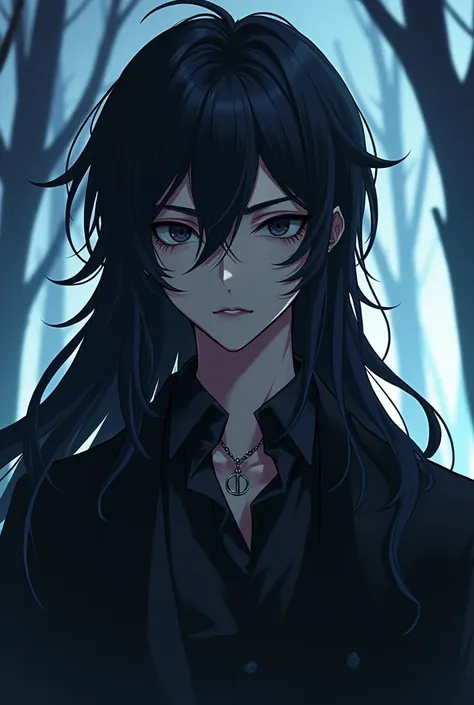 1 male. long hair. hes a villain. he looks mysteriously and dark. give him original hair colour. his eyes are black.  at the same time hes really soft and vurnelabe. hes young and really thin and tall. anime style