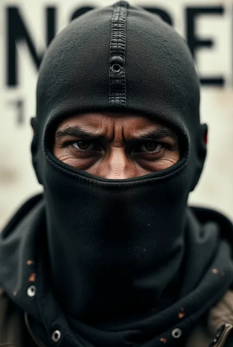 head of a guy in a balaclava, inscription on the background (TEMSHIK)