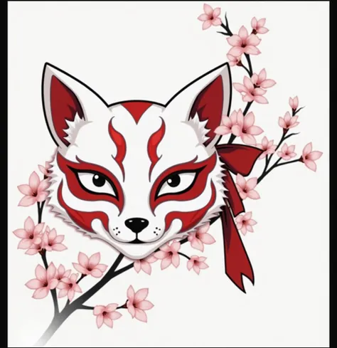 Kitsune mask in front of cherry blossom branch in black and white with clear lines as tattoo template