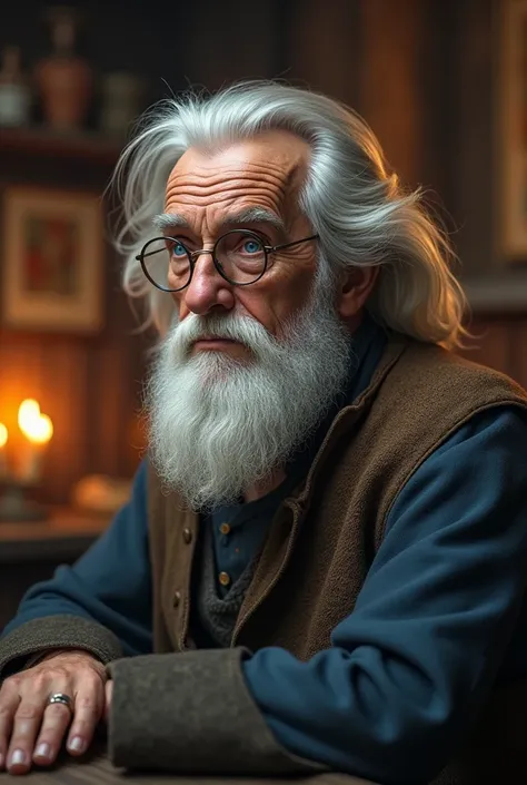 White-haired old man with blue eyes looking straight ahead with glasses in a medieval-style tavern