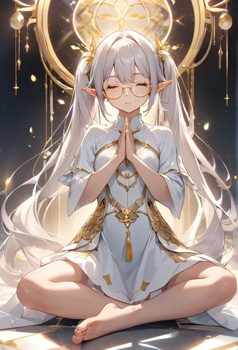 Very detailed、One Girl、barefoot、Toes、（whole body）、Elf、Twin tails、ephemeral、Close your eyes、Prayer Pose、White costume、Gold Accessories、Golden round glasses、、