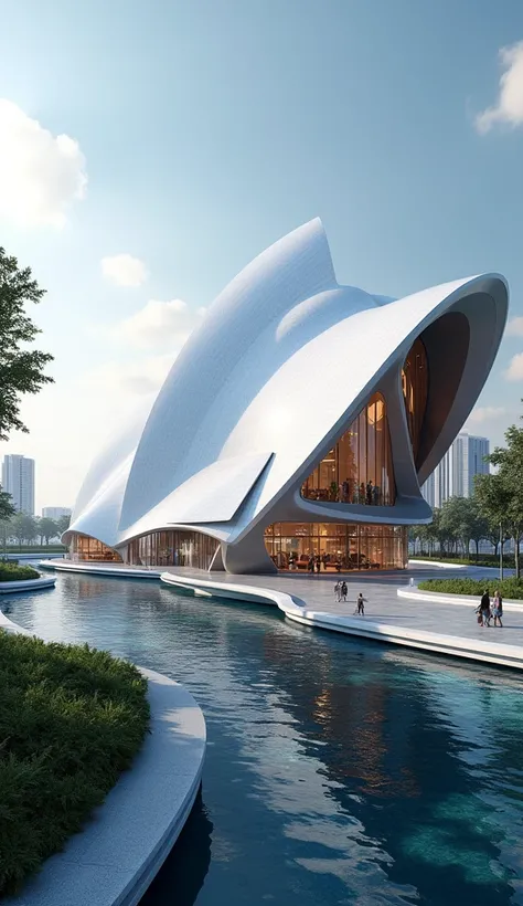 hyper-realistic image of a futuristic opera house, designed with a smooth and advanced aesthetic that retains the recognizable, iconic shell-like structure of a traditional opera house. The building features streamlined, sleek curves with large, seamlessly...