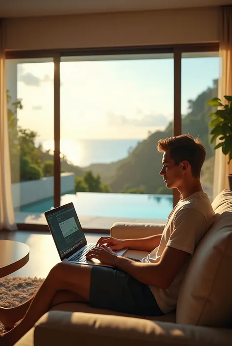 

"Full body shot of a young man with light brown hair, athletic build, working on a MacBook in the living room of a luxury villa. The scene outside the window shows a pool in the courtyard and the ocean in the background. 8K resolution, masterpiece, RAW p...