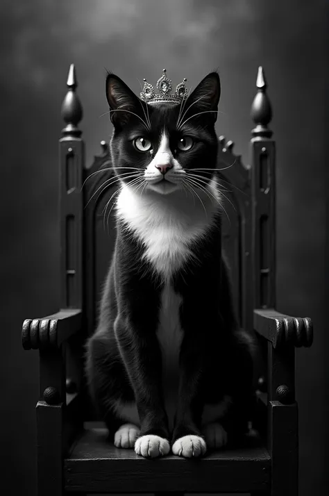 Create a black and white cat wearing a crown and sitting on a throne