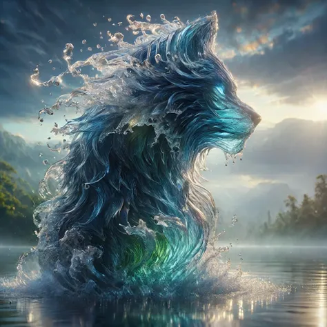 A resplendent goddess of nature bursts forth from an iridescent wave, her lithe, athletic physique glistening with dew as she rises from the depths. Her long, flowing hair cascades down her back like a nighttime river, while her expressive heart-shaped fac...