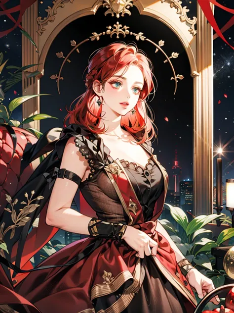 only one lady, masterpiece, Best Quality, amber eyes, a woman with red hair, she has eyes of a strong amber color, High nose and lips as red as a pomegranate, duchess dress, elegant dress