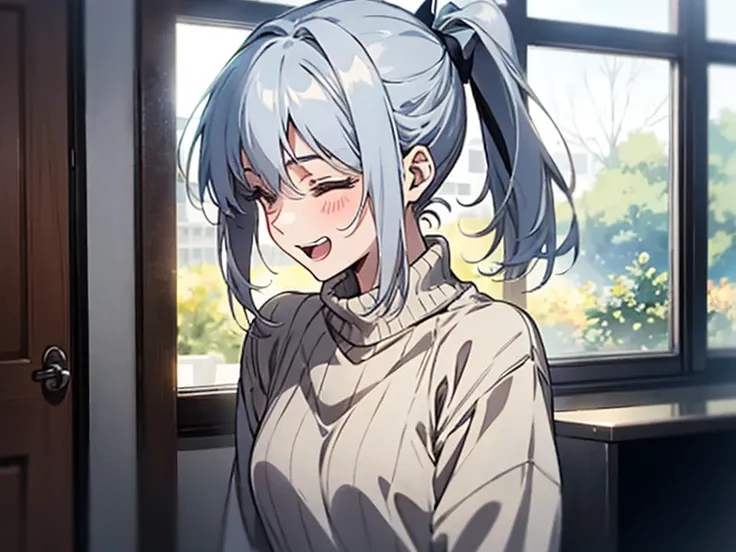 Beautiful lighting, 1 girl, alone, Female college student、Akane,Blue and silver hair, Blind,White shirt, sweater, ((Anime Style))、((2D))、Laughter、(((ponytail)))、A one-room university student&#39;s room、Sitting in physical education、whole body