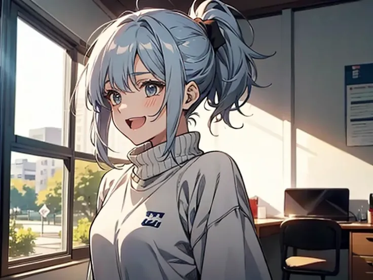 Beautiful lighting, 1 girl, alone, Female college student、Akane,Blue and silver hair, Blind,White shirt, sweater, ((Anime Style))、((2D))、Laughter、(((ponytail)))、A one-room university student&#39;s room、Sitting in physical education、whole body