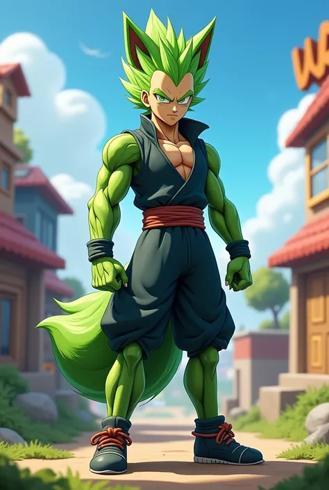 Trunks of the future dragon ball Z 1990 as a fox humanoid with green fur, saiyan tail. In Fortnite.