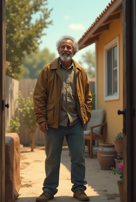 
  An image of a small house, where a man who previously lived on the streets on a piece of cardboard, He is happy to help him with a new house. 