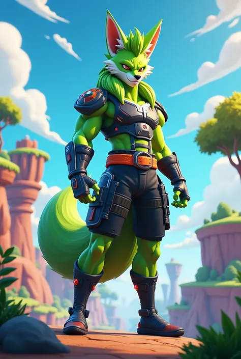 Trunks of the future dragon ball Z 1990 as a male fox humanoid with green fur, saiyan tail. In Fortnite.