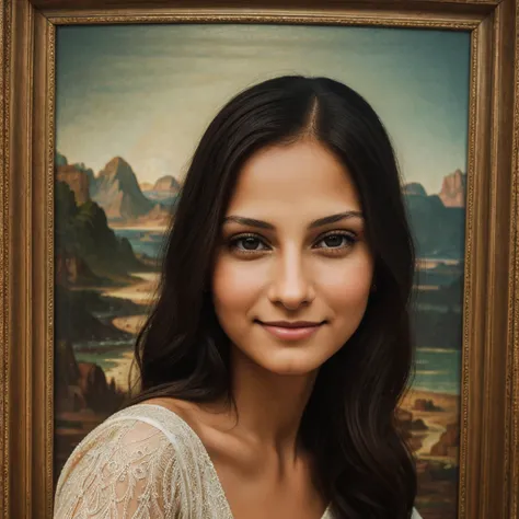 "A modern, realistic take on the Mona Lisa, with the woman posing confidently for the camera. She has slightly tanned skin, dark eyes, and wavy dark brown hair, wearing a simple, elegant dress. The image is framed in a soft-focus landscape backdrop with mu...