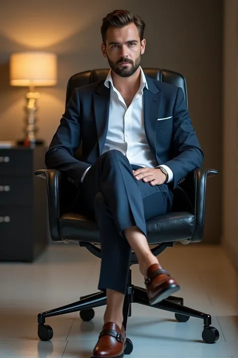 handsome man，wearing a suit，and sit on the office chair，Showing shoes to camera