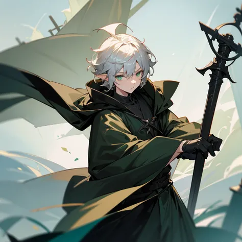 elf, male, silver hair,short hair, medium cut, ahoge, curly hair, green eyes,slender, fair skin, black robe, black cloak, black gloves, black hood, cool , windmill, cel anime, upper body, half body photo