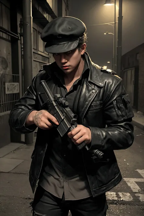 a  boy, street light, gun in right hand, , gangster dress, dark and gritty atmosphere, high contrast lighting, cinematic composition, realistic 3D rendering, masterpiece, photorealistic, 8K, hyper detailed