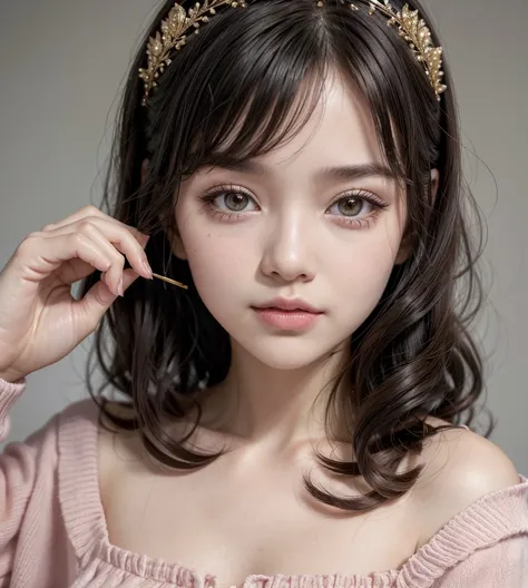 Portrait of autumn and winter sweet casual hairstyle。Hair color is black dark hair usando una corona, usando una tiara de princesa, primer plano cara Styling with straight bangs and natural waves。With rose pink lip and gold eyeshadow girl with a cake, chic...