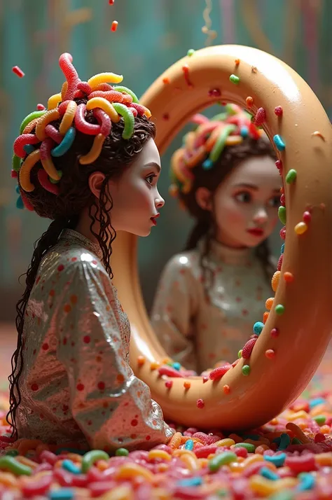 Medusa, a mythological creature dressed in a chocolate wrapper with gummy worms on her head, looking at herself in a donut mirror