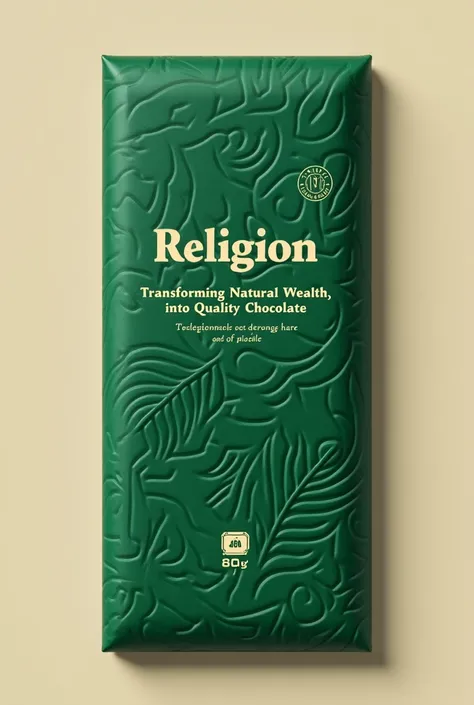 I need the packaging for a premium chocolate bar called "RELIGION", let it be green, briefly inspired by Tumaco, colombia, and that below the title is the slogan "Transforming natural wealth into quality chocolate", I also have the notice of 40g and 80% of...