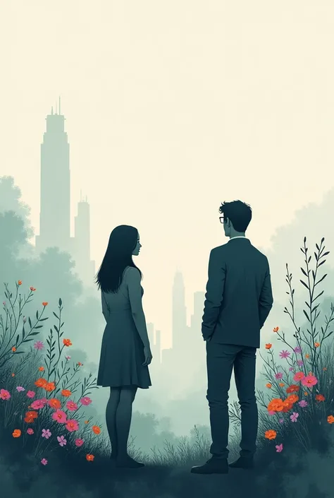 Design two silhouettes, a female writer and a male writer, standing, With your back to the viewer. They are looking at a divided landscape, inspired to write: on one side, a natural scene with a field of flowers symbolizing poetry, and the other, an urban ...