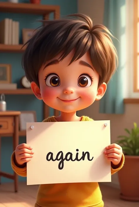 A child showing a sheet of paper with writing on it "again"
