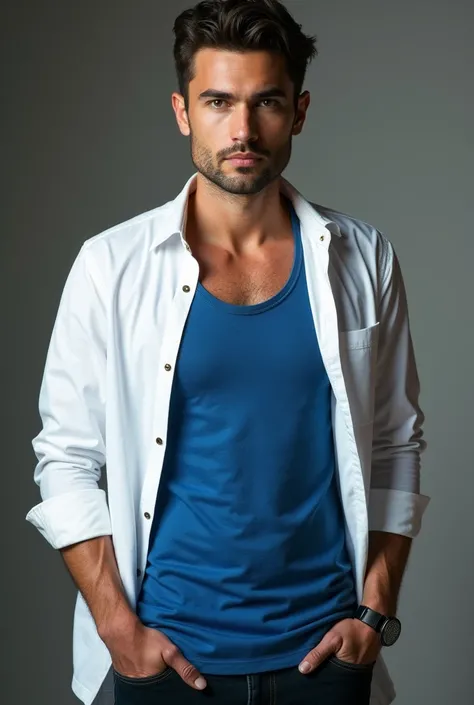 Man in blue collarless, button-down tank top and a white long-sleeved button-down shirt over it 