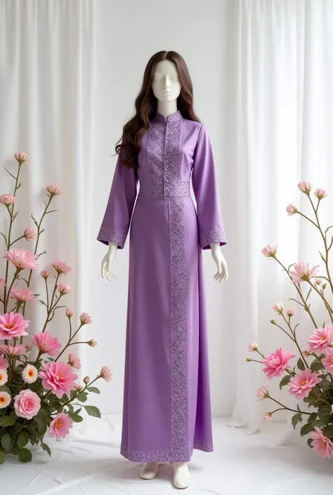 a realistic woman mannequin in traditional baju kurung standing in front of a white backdrop with flowers and a white curtain, Ella Guru, samikshavad, purple, a colorized photo, full body, brunette, long hair, gentle smile, cute pose