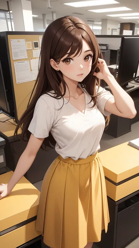 Highest quality, flying debris, Beautiful mature woman、Beautiful Face、Strong-willed woman、office lady、(Brown Hair、Brown eyes:1.2)、Long Hair、(Yellow solid short sleeve V-neck sweater)、Magazine Style,Full Body Shot、Female office lady、break(White long skirt:1...