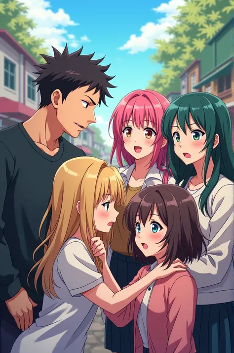 Male and female anime friend group 