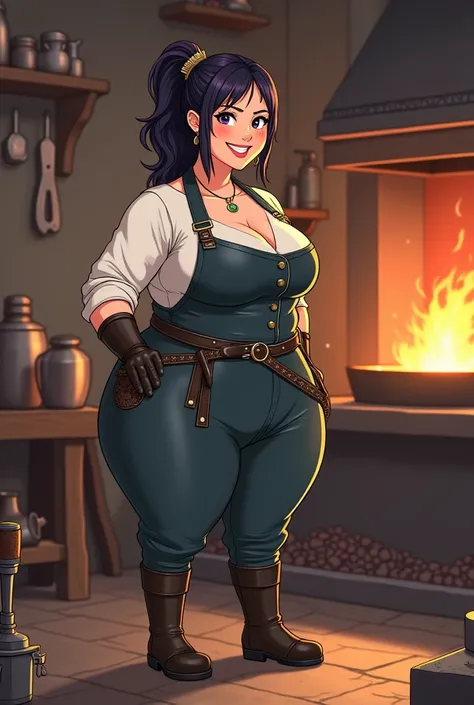 A female blacksmith, anime with a simple, cartoonish style that is cute yet mature, who has more visible clothing with characteristics of a medieval blacksmith, with big breasts and a big ass with long gloves, boots away, one made by hand and also with a m...