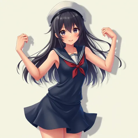 a 1 anime girl in sleeveless navy colored sailor uniform, short navy skirt, exposed bare arms, plain background, long hair, black haired. well toned arms, hairs behind shoulders, white sailors hat, navy uniform, highly detailed armpits, showing you her arm...