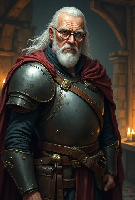 Old white haired bald head warrior with blue eyes looking straight ahead with glasses in a medieval style tavern with armor,  illustration 